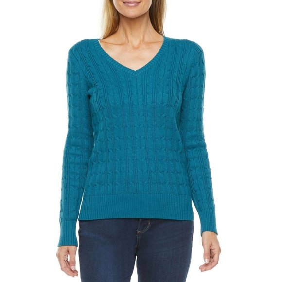 St. John's Bay - Women's V Neck Long Sleeve Pullover Sweater - Blue Coral- Small - Picture 1 of 5